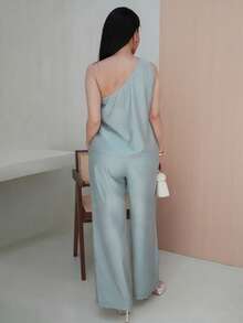 Milla Jasmine 2pcs/Set Women Solid Color Asymmetrical Collar Top And Wide Leg Pants, Vacation Style - Light Wash - View 2