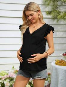 SHEIN 孕妇时尚简约提花针织T恤 - 黑色 - 查看 3