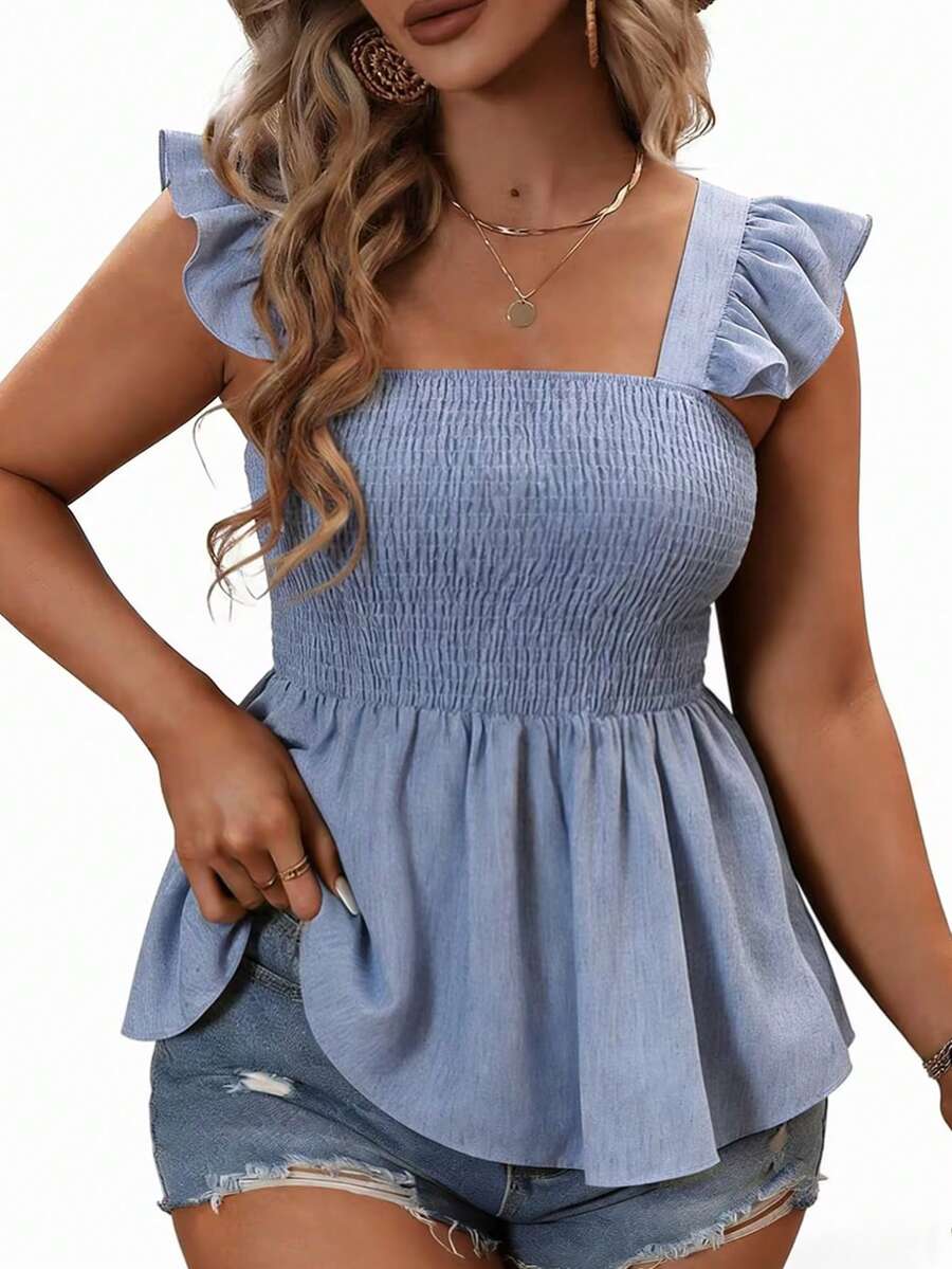 SHEIN Clasi CURVE Plus Size Women's Summer Square Neck Petal Sleeve Waist Gathered Frill Trim Contrast Color Texture Blouse Empire Waist Top Blue Summer Top Babydoll Tops For Women Square Neck Tops For Women Ruffle Sleeve Top - Blue - View 1