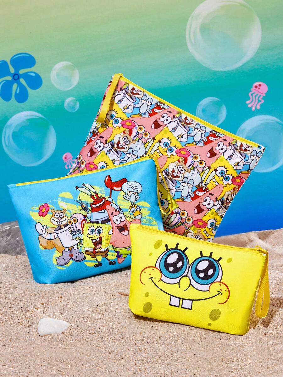 SpongeBob SquarePants | SHEIN 1 Piece/1 Set Of Cartoon Pattern Printed Polyester Fiber Lightweight Cosmetic Bag, Suitable For Storing Cosmetics, Stationery, Daily Necessities, Digital Products, Very Suitable For Commuting, School, Travel, Suitable For Men, Women, Students - Multicolor - View 1