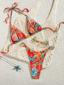 Swim Vcay Summer New Multicolor Animal & Floral Print Patchwork High-Cut Metal Decor Romantic Beach Resort Bikini Swimwear Set For Women, 2 Pieces - Multicolor - View 4
