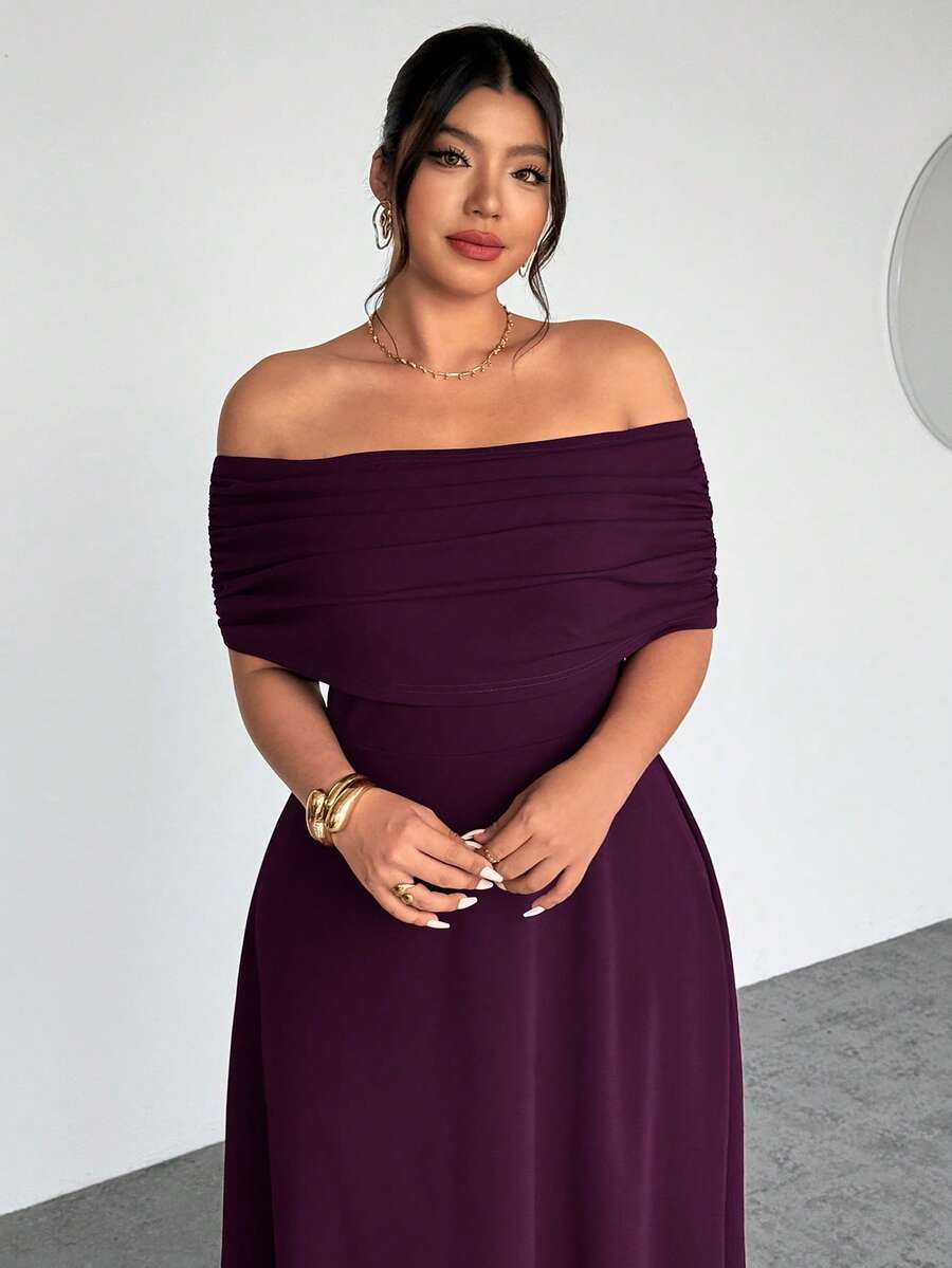 Firerie Đầm dài dáng chữ A trễ vai cạp cao dành cho nữ cỡ lớn, thanh lịch, tối giản, tinh tế, lãng mạn, gợi cảm, thích hợp cho kỳ nghỉ hoặc công sở. - Màu đỏ tím - Xem 1