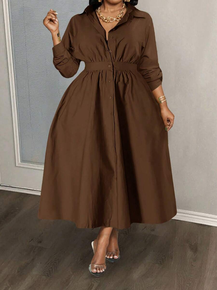 Slaydiva 大码优雅通勤休闲长袖修身纯色军绿色衬衫裙，半开襟设计，腰部系带，春秋季 - F - 棕色 - 查看 1