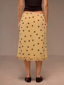 Muvela 复古黄色波点松紧腰荷叶边网纱A字裙，复古学院风Y2K千禧年风格，适合办公室、正式场合、叠穿 - 卡其色 - 查看 6