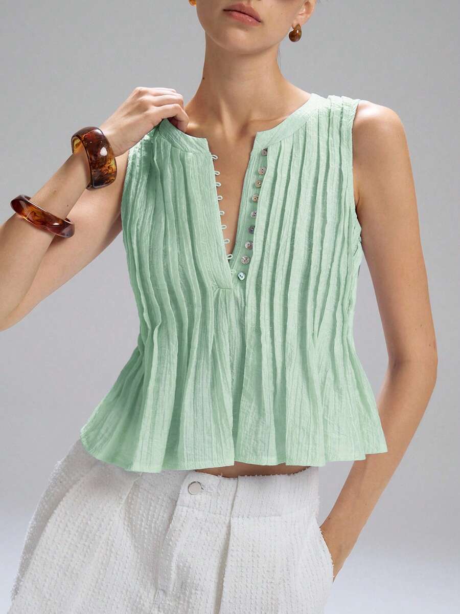 LYSMO 2025春夏新款女士褶裥腰部无袖亚麻背心，简约休闲，度假风 - 綠色 - 查看 1