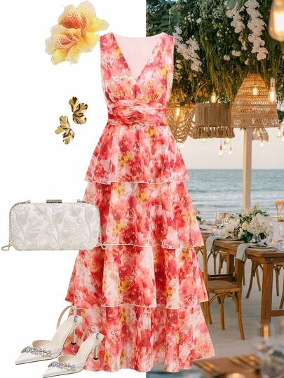 Ellevyn Vestido vintage romántico con estampado floral naranja y volantes en el bajo