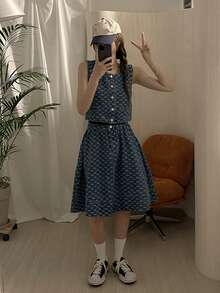 DAZY Women's Textured Washed Denim Sleeveless Loose Fit Skirt Suit, Korean Style - Blue - View 5