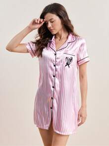 Hourtrue 女士条纹短袖睡衣连衣裙，带刺绣和口袋，奢华家居服，Moo Moo 睡裙 - 粉色 - 查看 6