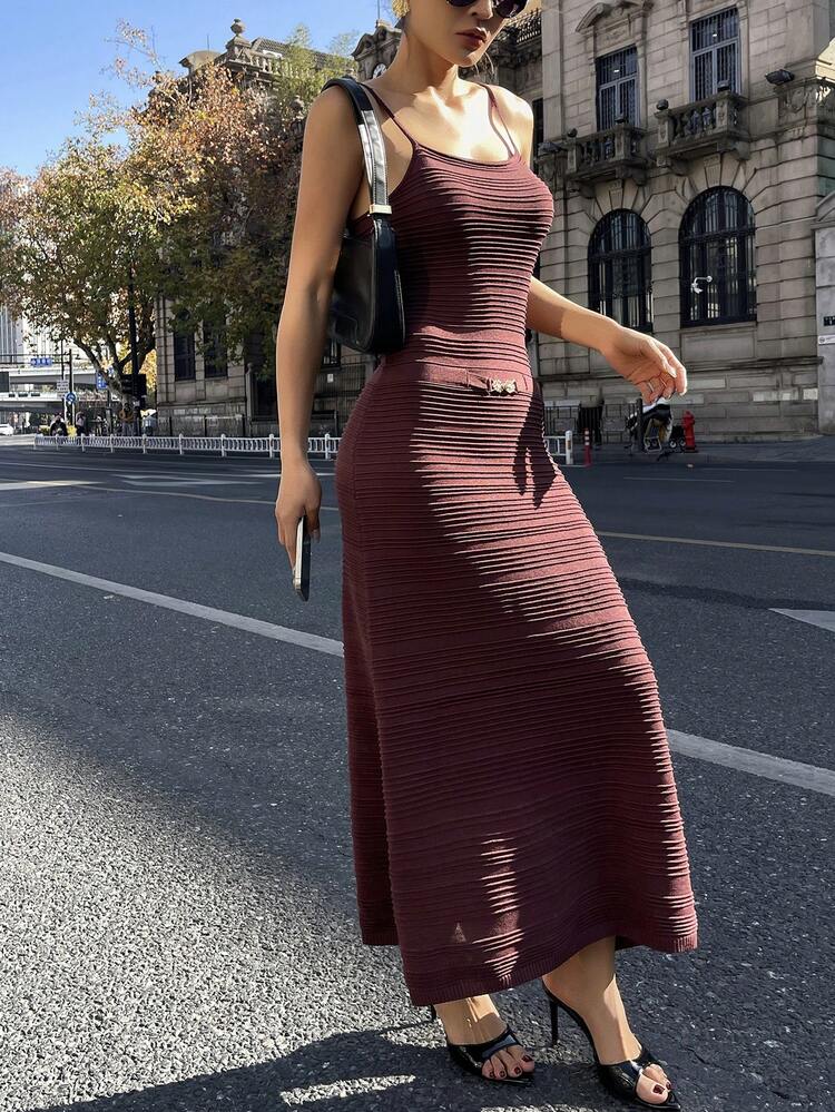 Women's Solid Color Metal Decor Elegant Waist Cinched Party Knit Slip Dress Summer