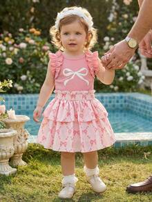 1 Set Baby Girl Sweet Girly-Style Bow-Print Ruffled Short-Sleeve Top & Tiered Skirt Outfit Lightweight Breathable Adorable 2-Piece Ensemble For Daily Playdates & Casual Outings Spring & Summer Fashion Set - Dusty Pink - View 4