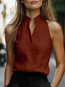 EMERY ROSE Women's Sleeveless Stand Collar Linen-Like Tank Top, Versatile Commuter Slim-Fit Top - Redwood - View 3