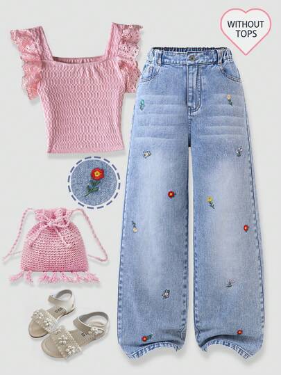 Genkimix Kids 女童甜美花卉刺绣水洗柔软舒适直筒牛仔裤，适合日常穿着、上学、旅行、聚会，四季皆宜。