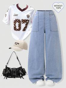 女童牛仔裤，春秋新款，简约休闲，浅蓝色水洗牛仔布，高腰阔腿，大贴袋，后腰松紧带，舒适优质棉质牛仔布，日常基础款，适合上学、度假等各种场合，春秋皆宜。儿童牛仔裤，女童阔腿裤 - 淺色水洗藍 - 查看 3