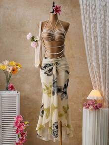 Femesol Floral Print Mermaid Hem Skirt, Vacation Style - Multicolor - View 6