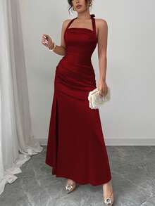 Rafferiza 优雅香槟色紧身吊带背心弹力缎面高开衩连衣裙 - 酒紅色 - 查看 6