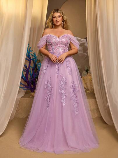 Aureia Plus Size Elegant Luxurious Purple Sequin Embroidered Mesh Off-Shoulder Puff Sleeve Applique Design Ball Gown Suitable For Evening Party, Singles Party, Date, Prom, Wedding, Vacation Formal Dress (Heavy Embroidery)