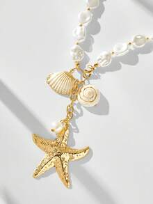 Maija Faux Pearl Beaded Starfish Shell Necklace, Suitable For Everyday Wear - Yellow Gold - View 3