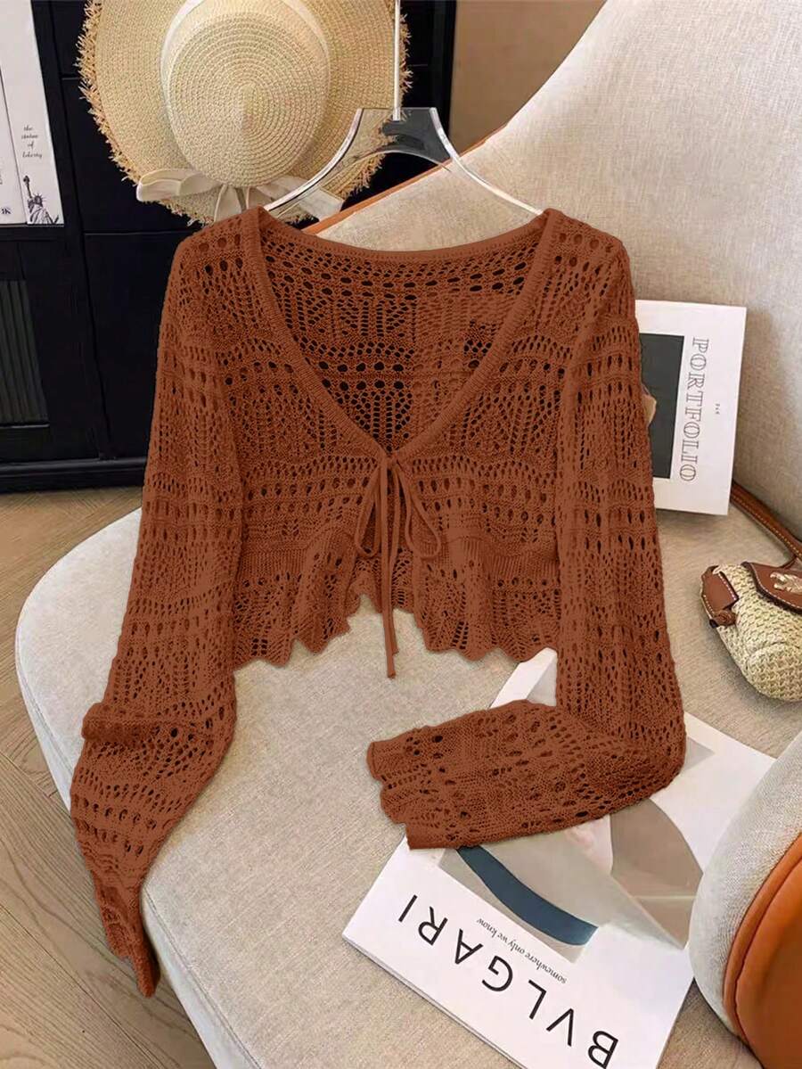 Franclia Áo khoác cardigan mỏng nhẹ, màu trơn, chất liệu ren móc rỗng, kiểu dáng đa năng dành cho nữ. - Rỉ Nâu - Xem 1