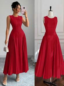 Rafferiza Vestido plisado de línea A sin mangas con cuello mao, diseño minimalista para mujer, primavera/verano - Rojo - Ver 1