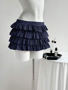 Elamini Spring Cute Polka Dot Low Waist Multi-Layer Ruffle Mini Shorts Skirt For Women - Navy Blue - View 3