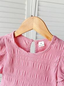 SHEIN LMoss Kids 女童纯色圆领荷叶边休闲衬衫 - 藕粉色 - 查看 5