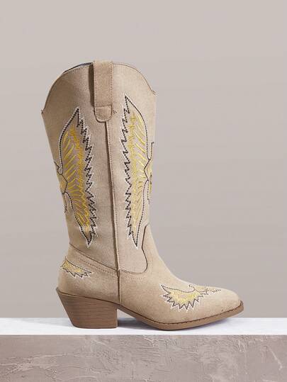 Styleloop Brown Embroidered Western High Shaft Boots, Side Zipper Wedge Heel Riding Boots, Slip-On Elastic Tall Boots For Women, Suitable For Halloween, Christmas, Autumn