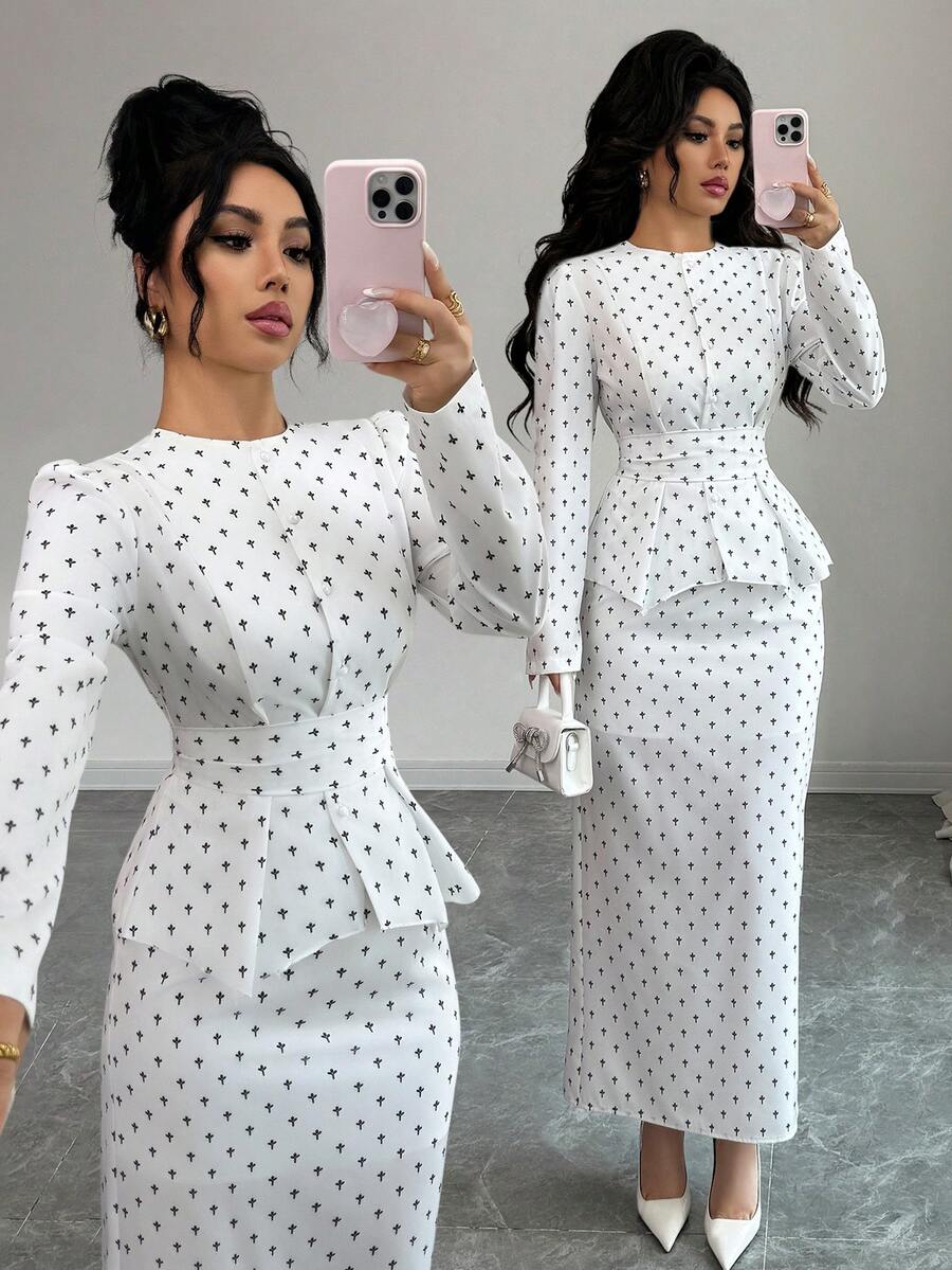 SHEIN Tall Women's Elegant Pearl Button Blouse + Split Hem Skirt 2 Pieces Set - White - View 1