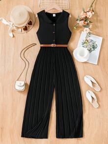 SHEIN Girls' Black Solid Pleated Leg Jumpsuit With Beige Belt, Lapel And Button Front Design, Suitable For Casual Daily And Commute Wear - Black - View 4