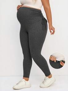 Plussiva Legging Hamil Ukuran Besar Warna Polos Pinggang Dapat Diatur dengan Tali Serut Legging Hamil Legging Kehamilan Musim Gugur - Dark Grey - View 3