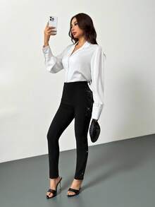 SHEIN PETITE Black Sequin Panel Cropped Skinny Pants Office Pants Sequin Detail Pants - Black - View 2