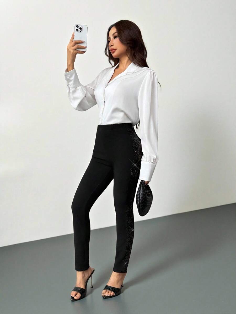SHEIN PETITE Black Sequin Panel Cropped Skinny Pants Office Pants Sequin Detail Pants