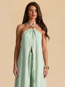 SHEIN BAE Set casual da donna per vacanze, composto da top verde con decorazione in resina a cerchio e pantaloni lunghi ampi, adatto per vacanze casual, spiaggia, uso quotidiano, pendolarismo, vacanze, spiaggia, set comodo, completo verde - Verde - Visualizzare 6