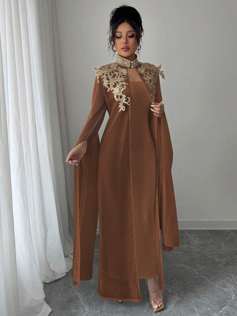 Rafferiza Women's Dignified, Elegant And Graceful Applique Decorated Robe And Dress Set - Coffee Brown - View 1