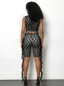 BamGleam 性感蕾丝露脐背心短裤两件套，夏季 - 黑與白 - 查看 2