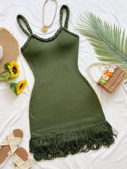 Soleia Đầm ngắn ôm sát, dây mảnh, thắt bím, viền tua rua, thích hợp cho tiệc tùng, hẹn hò gợi cảm, kỳ nghỉ biển, lễ hội, tiệc trà chiều, mùa cưới, du lịch biển, du lịch thành phố, kỳ nghỉ phong cách Boho, lễ hội âm nhạc.