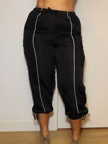 MelDlgn Plus Size Women Elastic Waist Drawstring Cargo Pants With Hem Embellishment Fall Cloth For Women - Black - View 3
