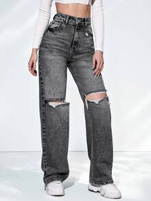 SHEIN ICON Quần jeans ống loe rách dáng casual dành cho nữ với túi xéo. - màu đen - Xem 5