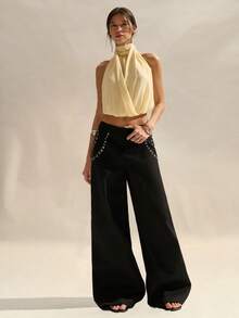 Easelle Women's Pale Yellow,Summer,Seksi Chic,Brunch Backless Halter Top Rivet Decor Casual Versatile Scarf Top Tie Back Open Back Shirts For Women - Yellow - View 5