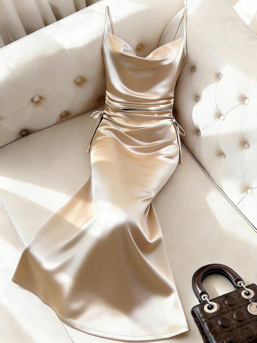 Franclia Đầm nữ thanh lịch ôm sát, xếp ly, buộc dây, cổ xếp nếp. - Rượu sâm banh - Xem 1