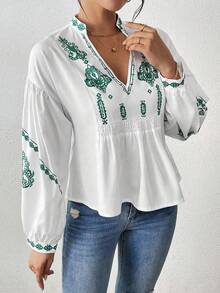 EMERY ROSE Women's Shirred Graphic Print Long Sleeve Button Shirt Peplum Top - Green - View 3