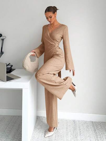 Siren Gaze Bộ áo và quần dài màu trơn dành cho nữ, kiểu dáng mới mùa thu.