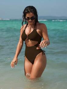 Swim SXY Women's Halter Neck Backless Drawstring One-Piece Swimsuit With Hollow-Out Design - Coffee Brown - View 4