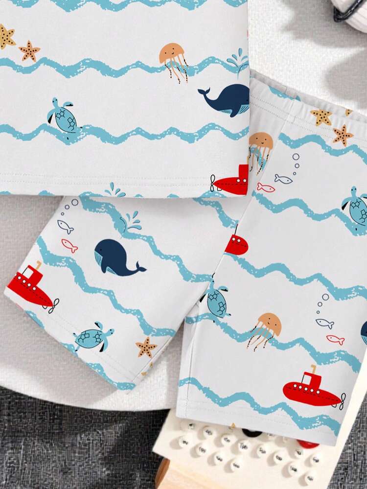 Bộ đồ ngủ 4 món cho bé trai, gồm áo tay ngắn và quần short dệt kim ôm sát, họa tiết hoạt hình và động vật dễ thương, thích hợp cho mùa xuân/hè. - trắng - Xem 5