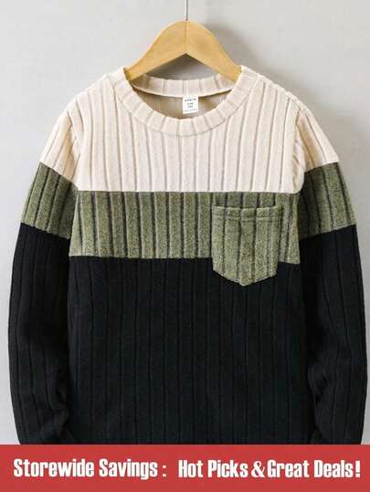 SHEIN 兒童男孩對比色塊口袋和鬆緊帶t卹