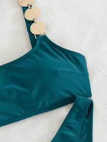 Swim Chiccia Women's Sexy One-Shoulder Swimwear Two Pieces Set, Elegant Minimalist Metal Decor Solid Color Beach Wear - Teal Blue - View 3