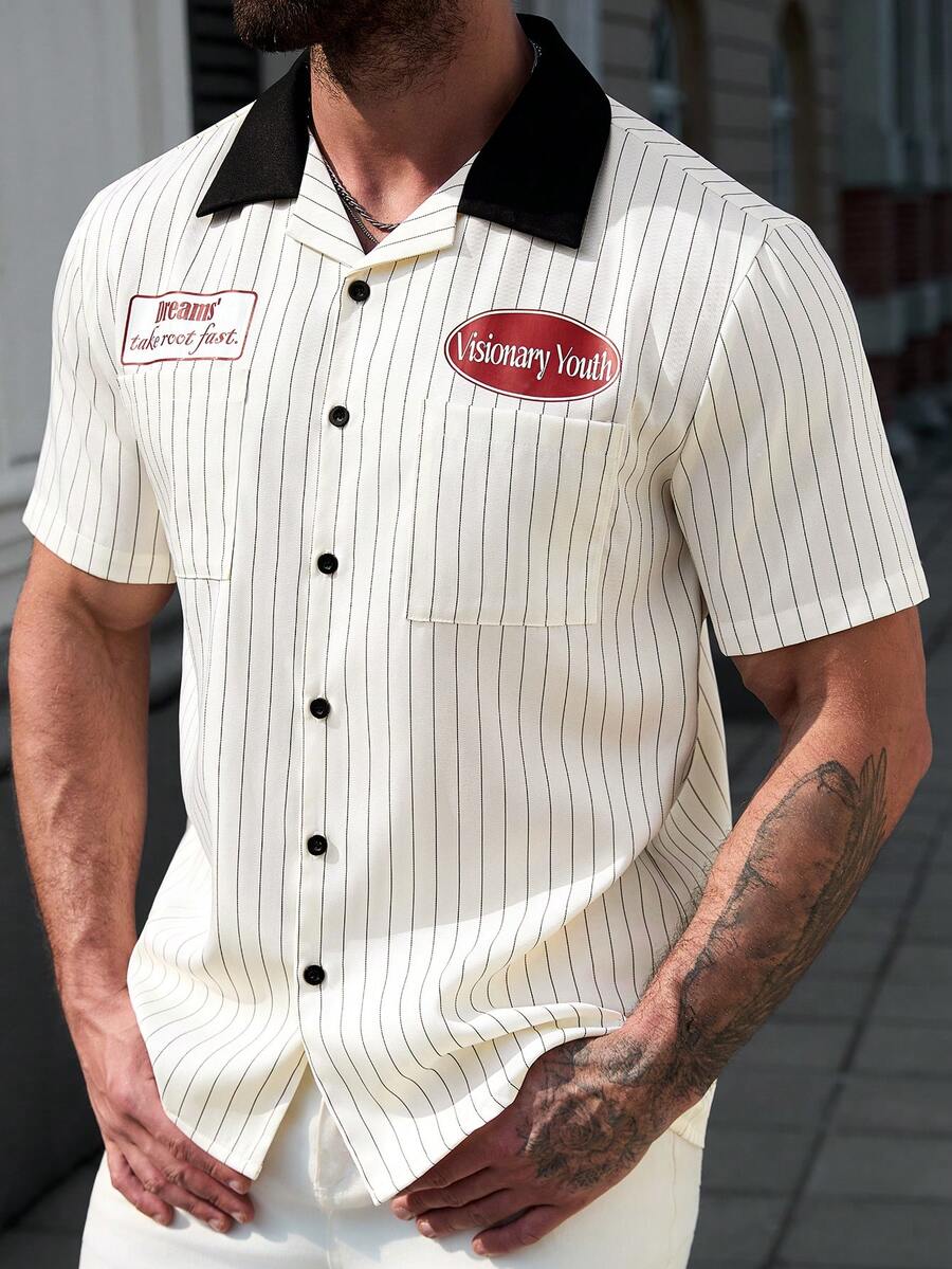 EGENSIO Men's Casual Beige Letter Print Striped Short Sleeve Shirt - Apricot - View 1