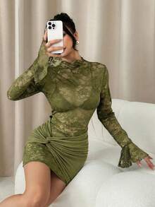SHEIN PETITE Đầm ngắn ren xuyên thấu màu đỏ tía gợi cảm, thích hợp cho hẹn hò hàng ngày, đi chơi đêm, hộp đêm, tiệc tùng, gặp gỡ bạn bè, tiệc cocktail, tiệc bể bơi, mùa thu/đông. - màu xanh lá - Xem 7