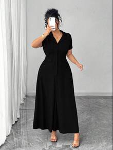 Elenzga Plus Size Women's Knit Short Sleeve Commuter Minimalist Polo Collar Waist Cinched Buttoned Design Brown Dress - Black - View 5
