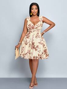 SOLERSUN Plus Size Women's Fashion Floral Random Pattern Crossover V-Neck Ruffled Shoulder Strap Sleeveless Pleated Waist A-Line Double-Layer Ruffled Hem Short Dress, Vacation, Suitable For Spring And Summer Daily Commutes And Beach Vacations, Cool And Casual, Perfect For St. Patrick's Day, Easter, Music Festivals, Parties - Apricot - View 3