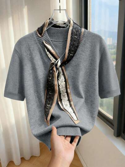 Franclia New Vintage Loose V-Neck Short Sleeve All-Match Layered Design Casual Top, Suitable For Work And Commute, Asymmetric Tie-Up Minimalist Chic Korean Style Business Neutral Knit Blouse, Can Be Worn Alone Or With Scarf For A Refined Look